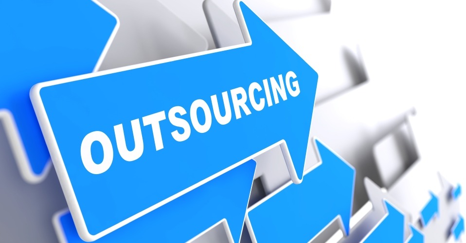 Outsourcing - Business Background. Blue Arrow with "Outsourcing" Slogan on a Grey Background. 3D Render.